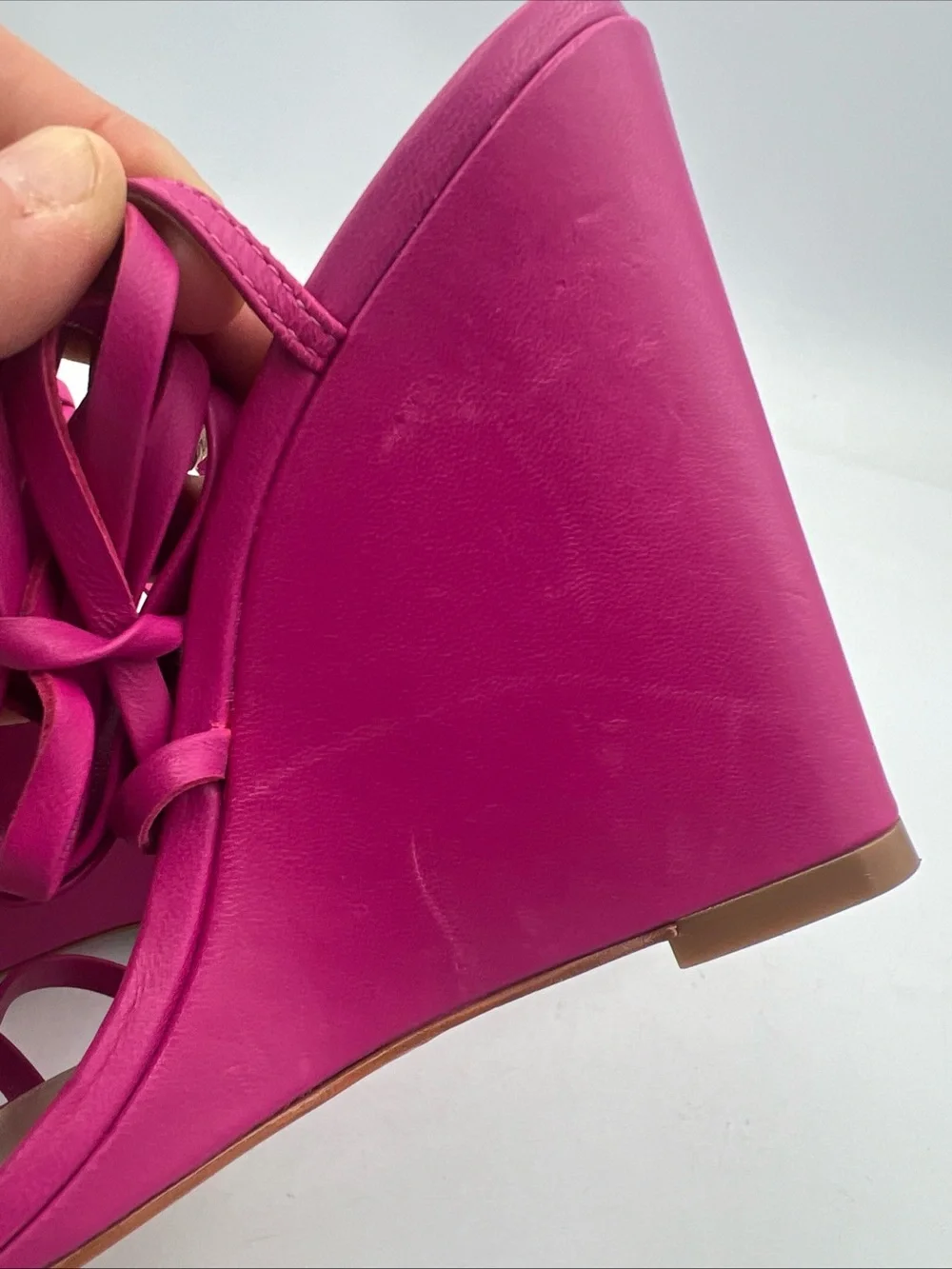 SCHUTZ Deonne Strappy Fuchsia Wedge Nappa Leather Sandals Ankle Strap Size 8.5B